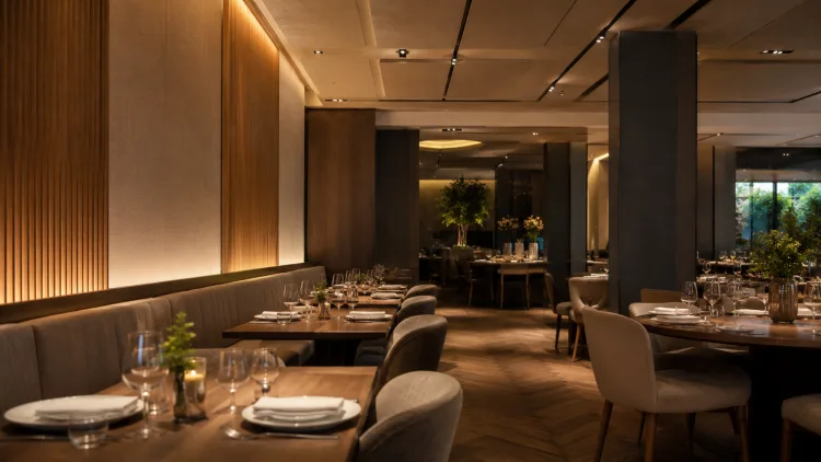 Elegant restaurant with fabric-wrapped acoustic wall panels