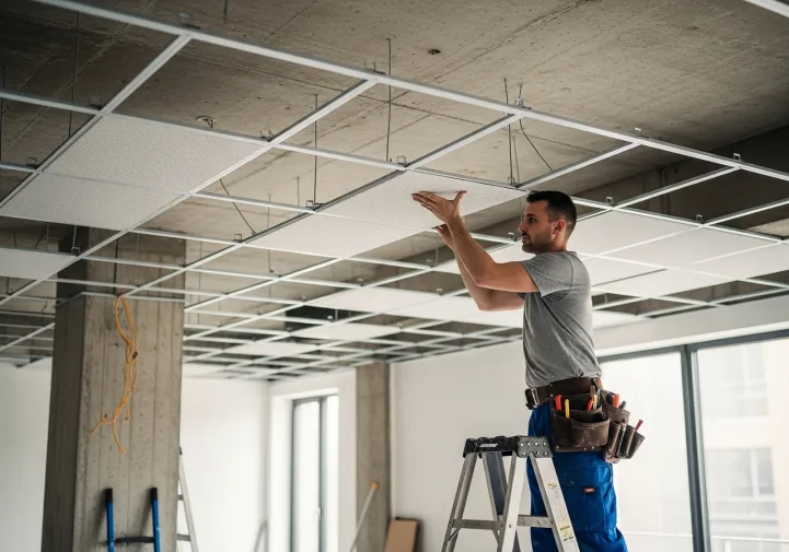 Installer placing acoustic tiles into a suspended drop ceiling grid system