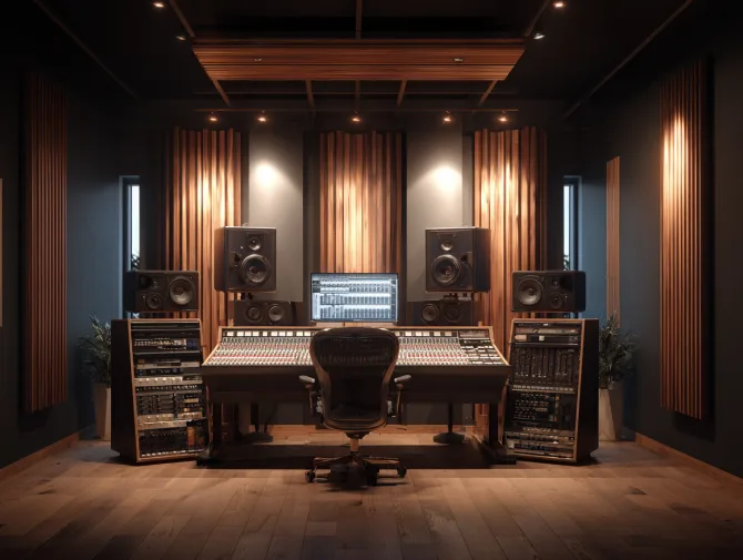 Professional recording studio with mixing console, studio monitors, and acoustic wall panels
