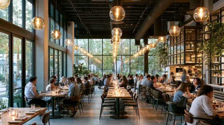 Loud crowded restaurant with hard surfaces and exposed ceiling