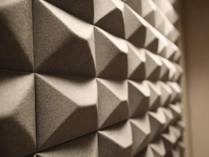 Close-up of geometric acoustic foam panels on a studio wall