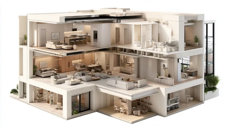 Cutaway view of two stacked condo units sharing a floor-ceiling structure