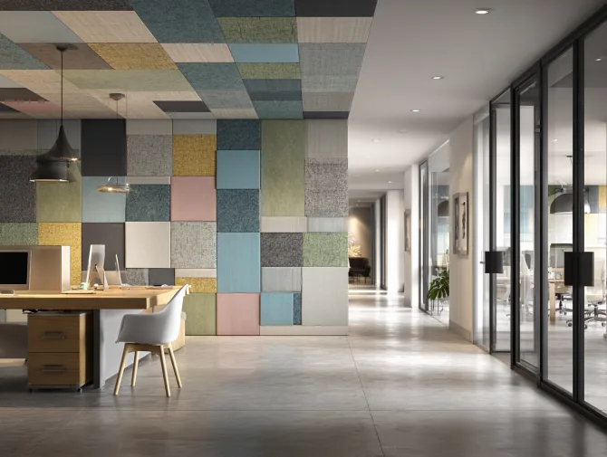 Office workspace with sound-absorbing wall design