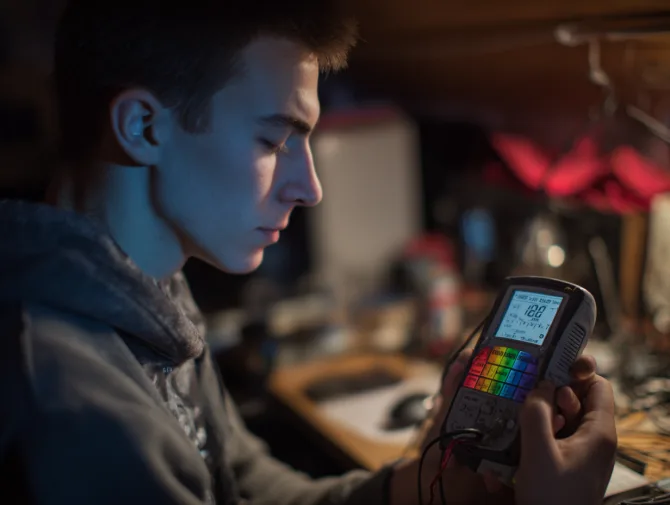 Engineer testing sound equipment with decibel meter