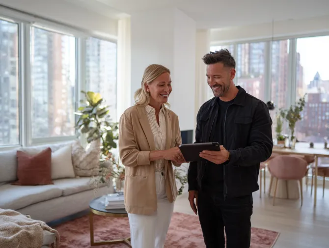 Professional consultant talking with client in a bright Santa Monica living room